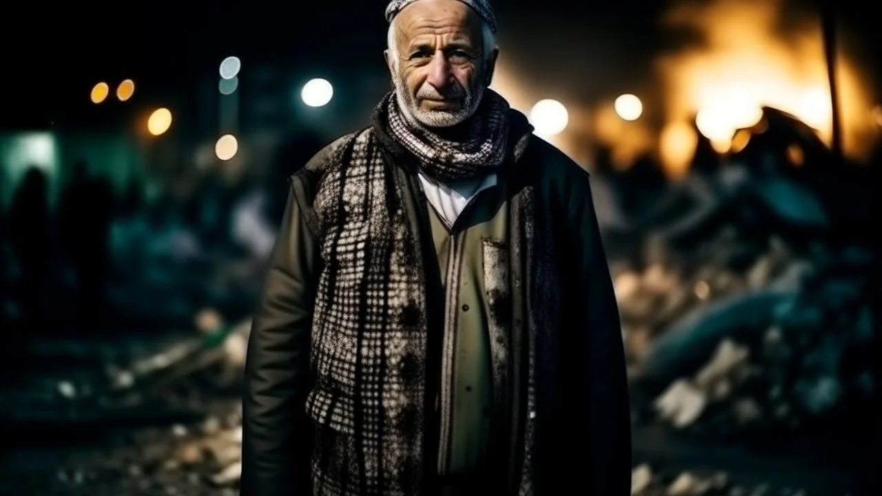 Palestinian old man wears the keffiyeh and the Palestinian dress Carrying a small city ,at winter , Destroyed Buildings , with a Explosions, at night