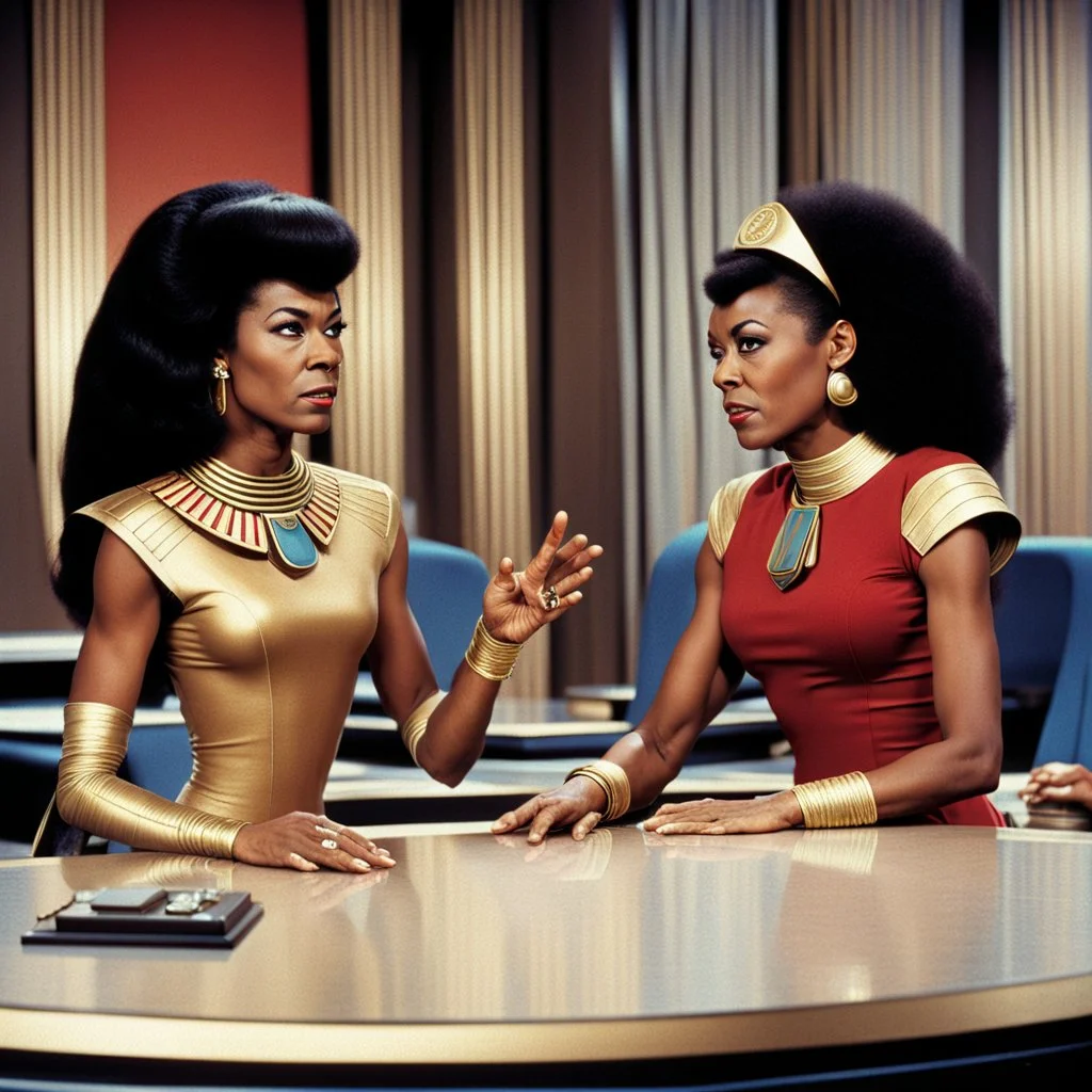 Cleopatra and Lt. Uhura negotiating a corporate merger.