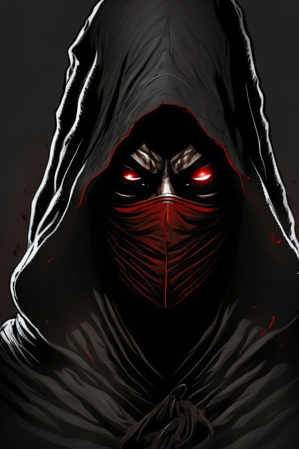 Dark warrior, black robe, not visible face, comic style, red eyes