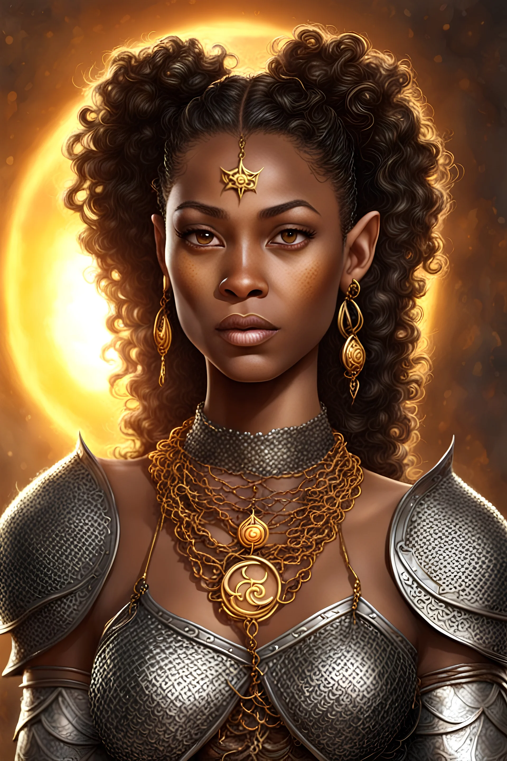 38 years old black woman, elf, brown color eyes, brown small puffy curly ponytail, wears chainmail, necklase with a symbol of sun, no neckline