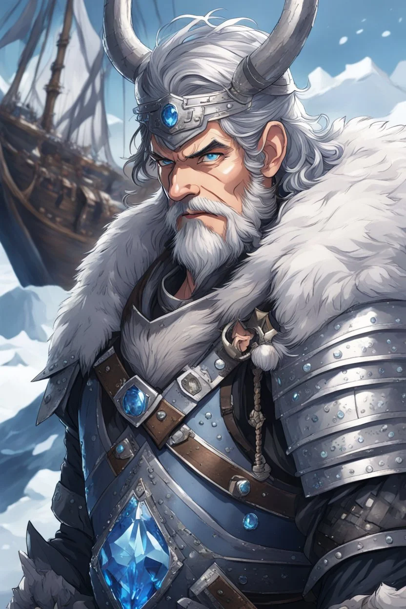 in anime style,1older man, a older man with blue eyes and black hair man in silver Viking armor with fur around the neck with blue crystal on his chest holding an axe in his hands standing on a pirate ship in the artic, warrior in anime style,