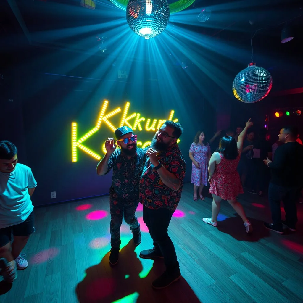 MR Kukrunk is Benny and "DJ Roy" in a disco, dancing, "Kukrunk" on sign wall, disco light, strobe, disco ball, dancing people