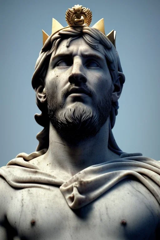 Ultra Realistic image, Roman sculpture, white marble material, Lionel Messi, gold crown of natural thorns, god crown, Renaissance style, sun rays background, waist up portrait, epic, celestial, cinematic lighting, God lights, 4k resolution, smooth details, soft lighting, unreal engine 5, art station, substance 3d.