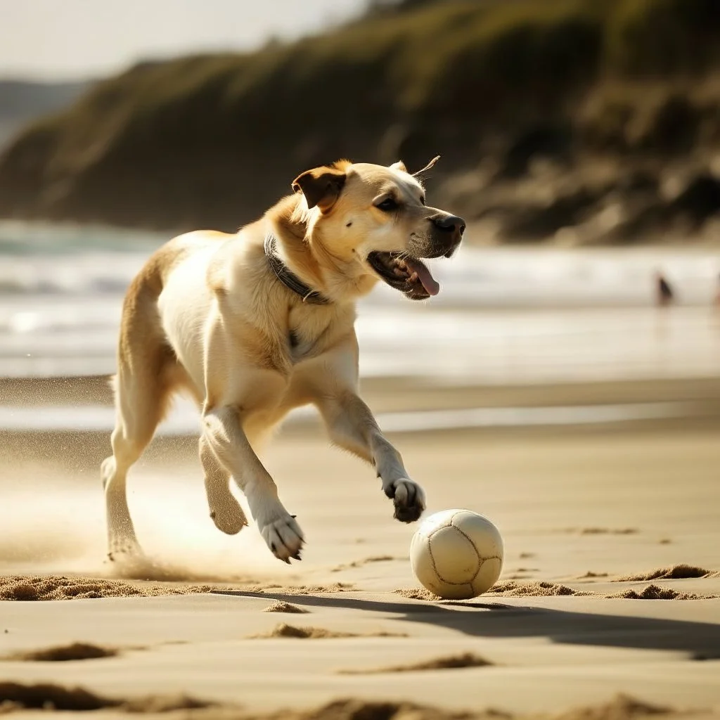 a dog on the beach playing football