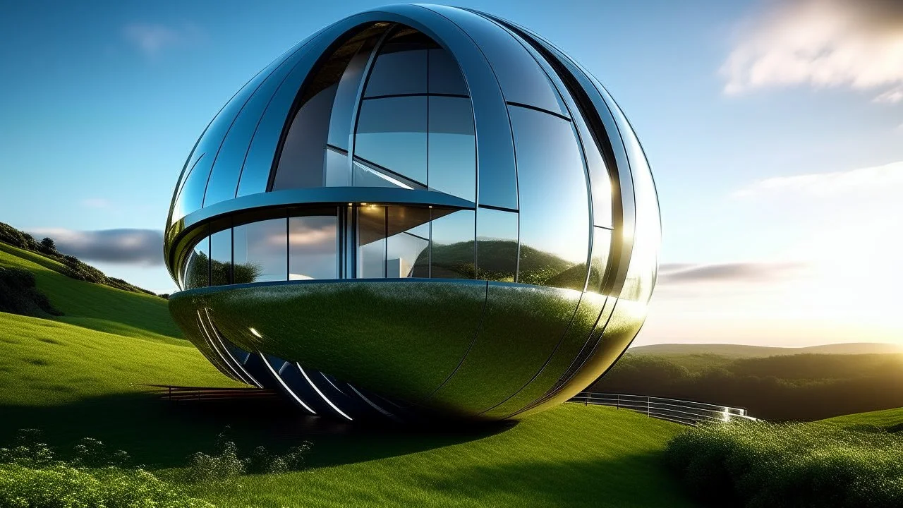 A gleaming spherical home stands on a grassy hill. The sphere is actually two interlocking orbs, whose seamless glass exteriors form a figure eight. Soft ambient lighting emanates from within, giving the structure an ethereal glow as dusk approaches. The lower sphere contains open, communal living spaces, while the upper sphere houses enclosed, private bedrooms. A spiral staircase connects the levels. Lush greenery surrounds the base, with colorful wildflowers dotting the landscape.