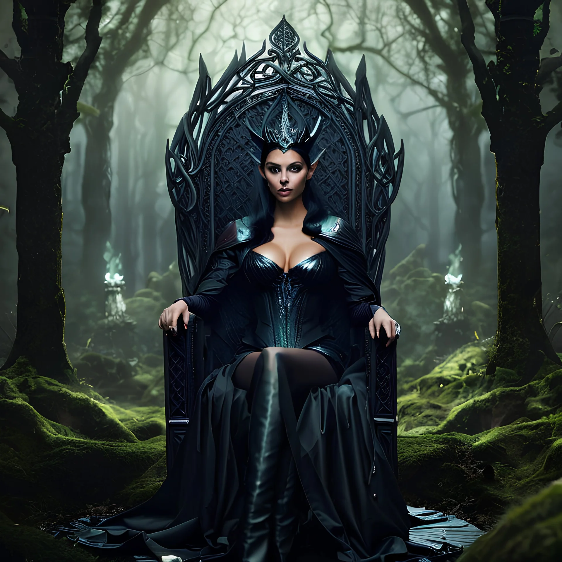 Morena Baccarin as a beautiful sexy dark elf queen seated elegantly on a throne in a mystical forest, dark celtic vignette frame, photo-realistic, cinematic lighting, award-winning photography