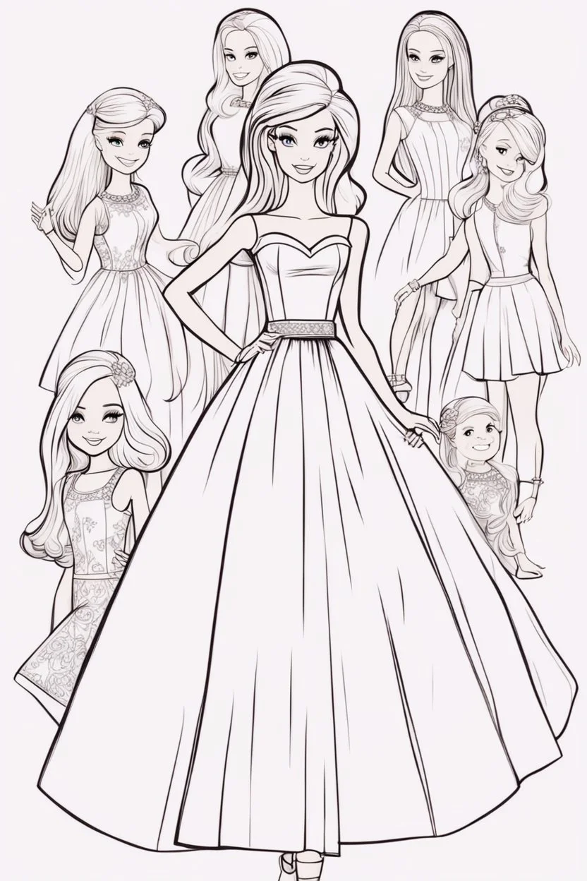 outline art for kids barbie coloring pages with barbie and her friends, no background, sketch style, full body, only use outline, mandala style, clean line art, white background, no shadows and clear and well outlined. should look exactly like barbie