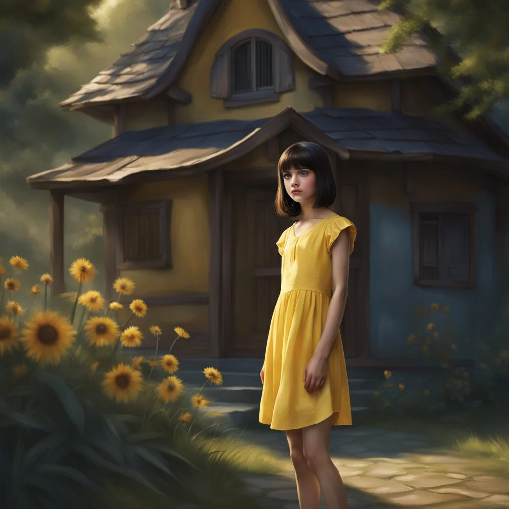 thin 12 year old girl with very short dark hair, blue eyes, wearing a pretty yellow summer dress, outside a small house , photorealistic, dark fantasy