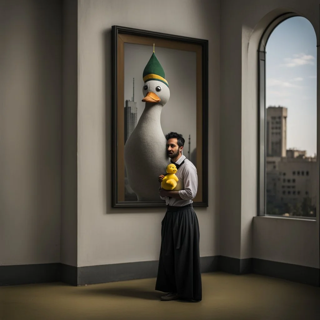 a Persian gay man with a yellow big duck doll in a modern street in Tehran with towers and trees.