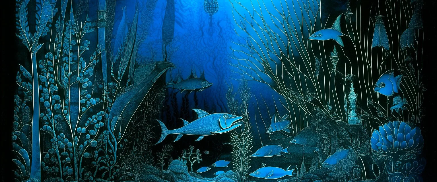 A dark blue underwater shipwrecked reef with swordfish designed in German folk art painted by C.R.W. Nevinson