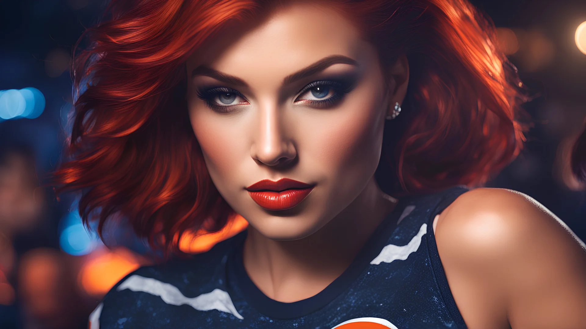 photorealistic close-up of woman dancing in a dark night club, red hair, wearing a Denver Broncos tee shirt and shorts, perfect lips, light makup, dark shadows, texture, grainy, ultra-realistic, cinematic --sytle raw