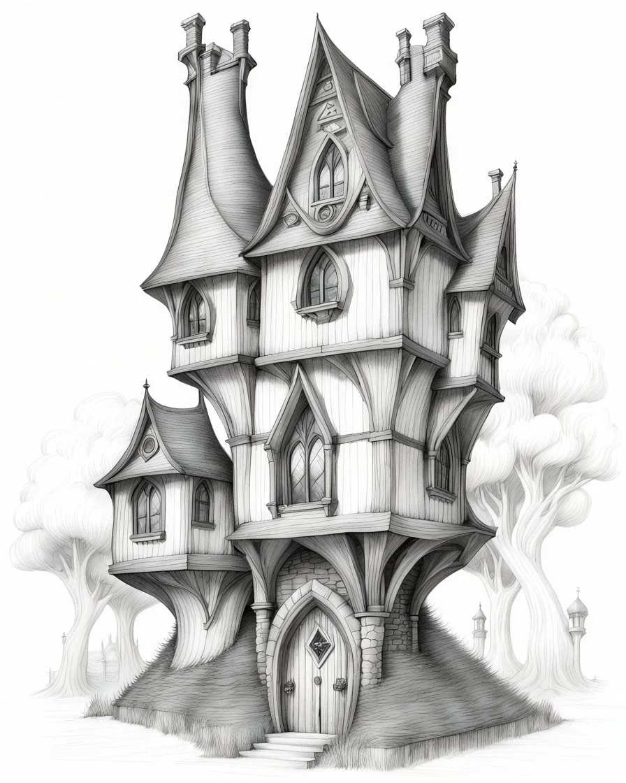 A pencil sketch front elevation line drawing of a tall, narrow, twisted, mediaeval fantasy house.