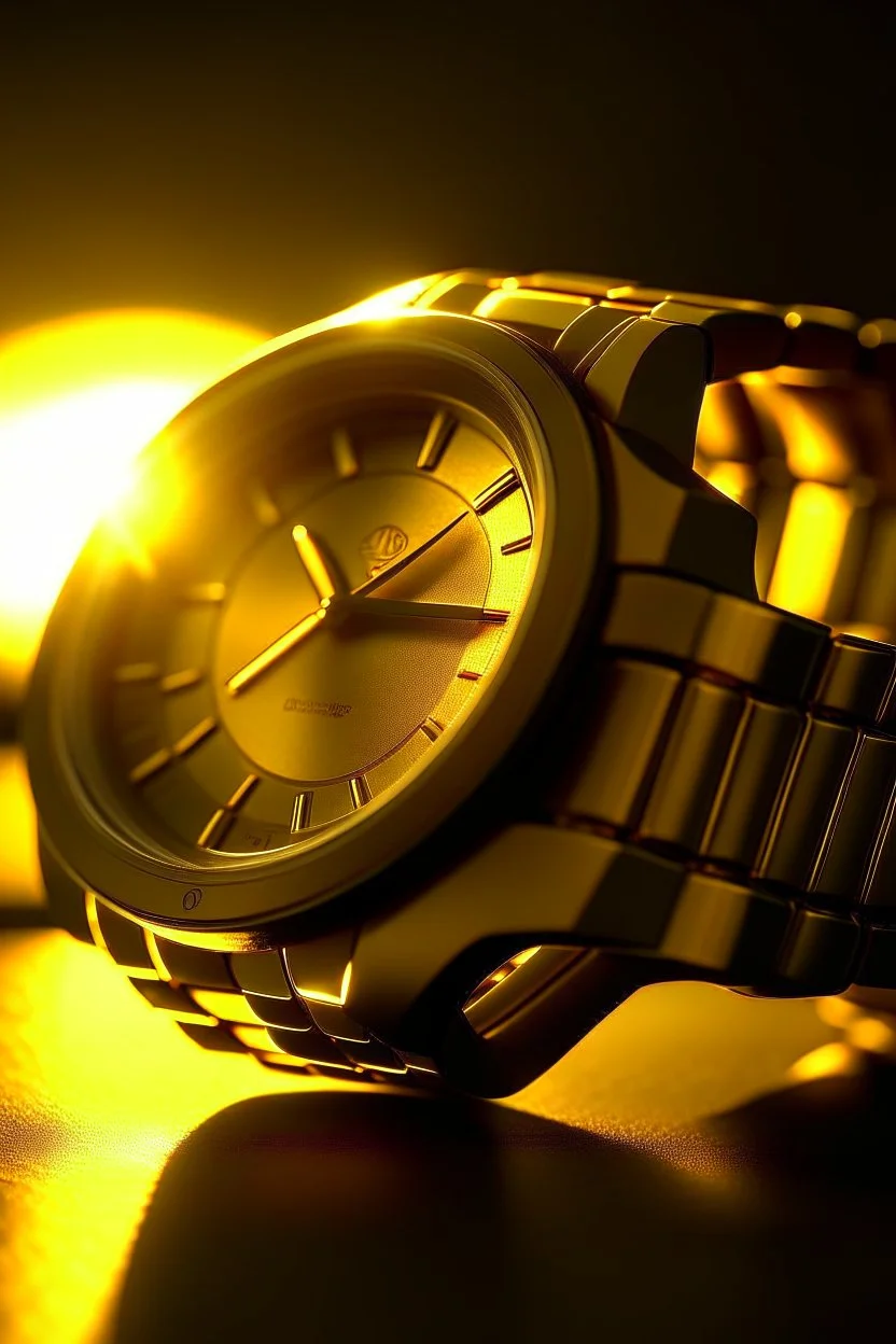 Generate an image of a men's solid gold watch bathed in the warm glow of the golden hour sunlight, highlighting its luster and sophistication.