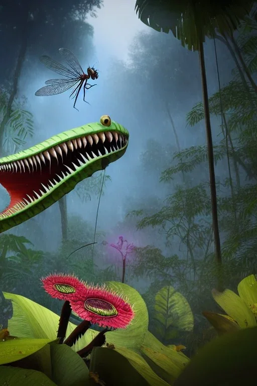 large venus fly trap with teeth eating a dragonfly, flowers, jungle, hyperrealistic, trees in background, digital art, alien like, disgusting, intricate, morbid, rainy, sinister, volumetric lighting, unreal engine, high resolution, 8k, depressing colors, dark colors, horror, horrific,