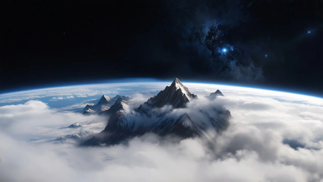 a fog planet's atmosphere is pierced by a single sharp mountain peak. a curved horizon separates the starry space