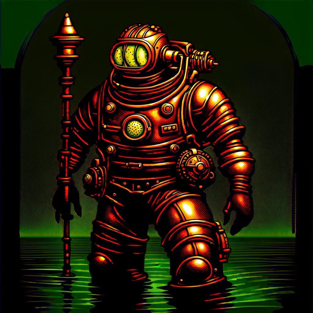 90's TCG art retro scifi art of a steampunk diver with big armor