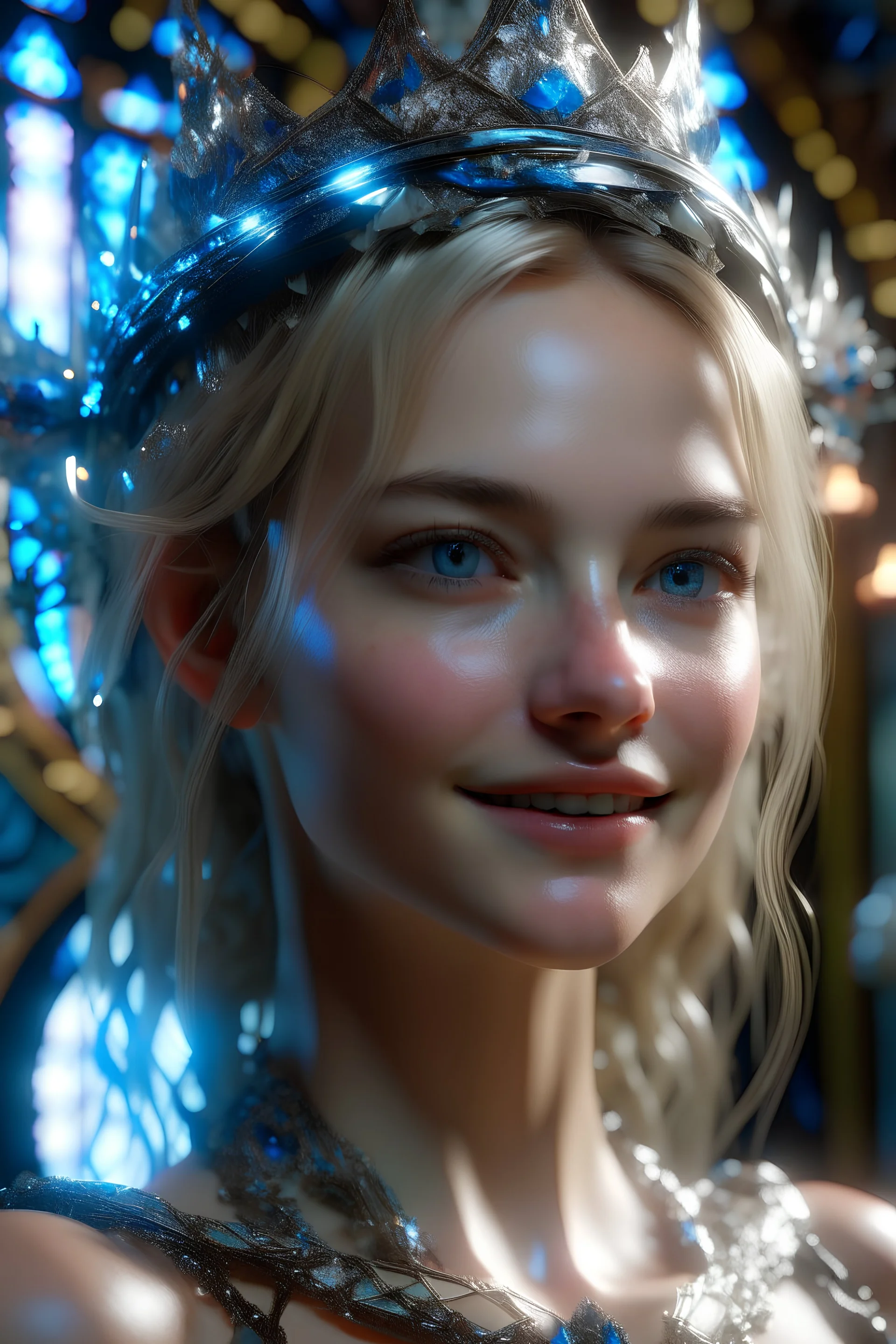 "fantasy goddess of mirrors smile", reflective, shatter, crash, broken glass, head and shoulders portrait, finely blue eyes, blond hair,8k resolution concept art portrait dynamic lighting hyperdetailed intricately detailed splash art trending on artstation unreal engine 5 volumetric lighting