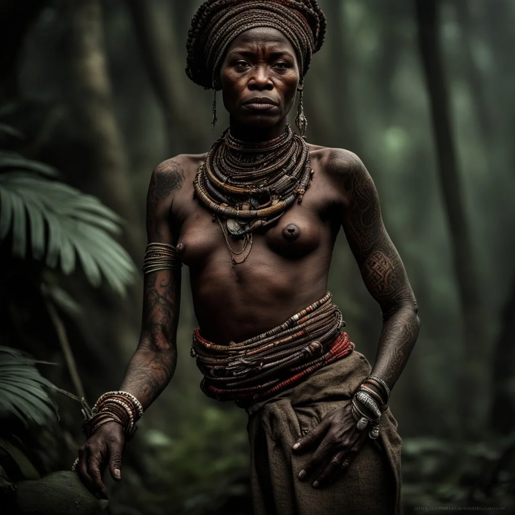 Behold the powerful alluring and pretty african congo shaman woman, her body adorned with mystical tattoos, in the middle of congo jungle. intricate details, HDR, beautifully shot, hyperrealistic, sharp focus, 64 megapixels, perfect composition, high contrast, cinematic, atmospheric, moody