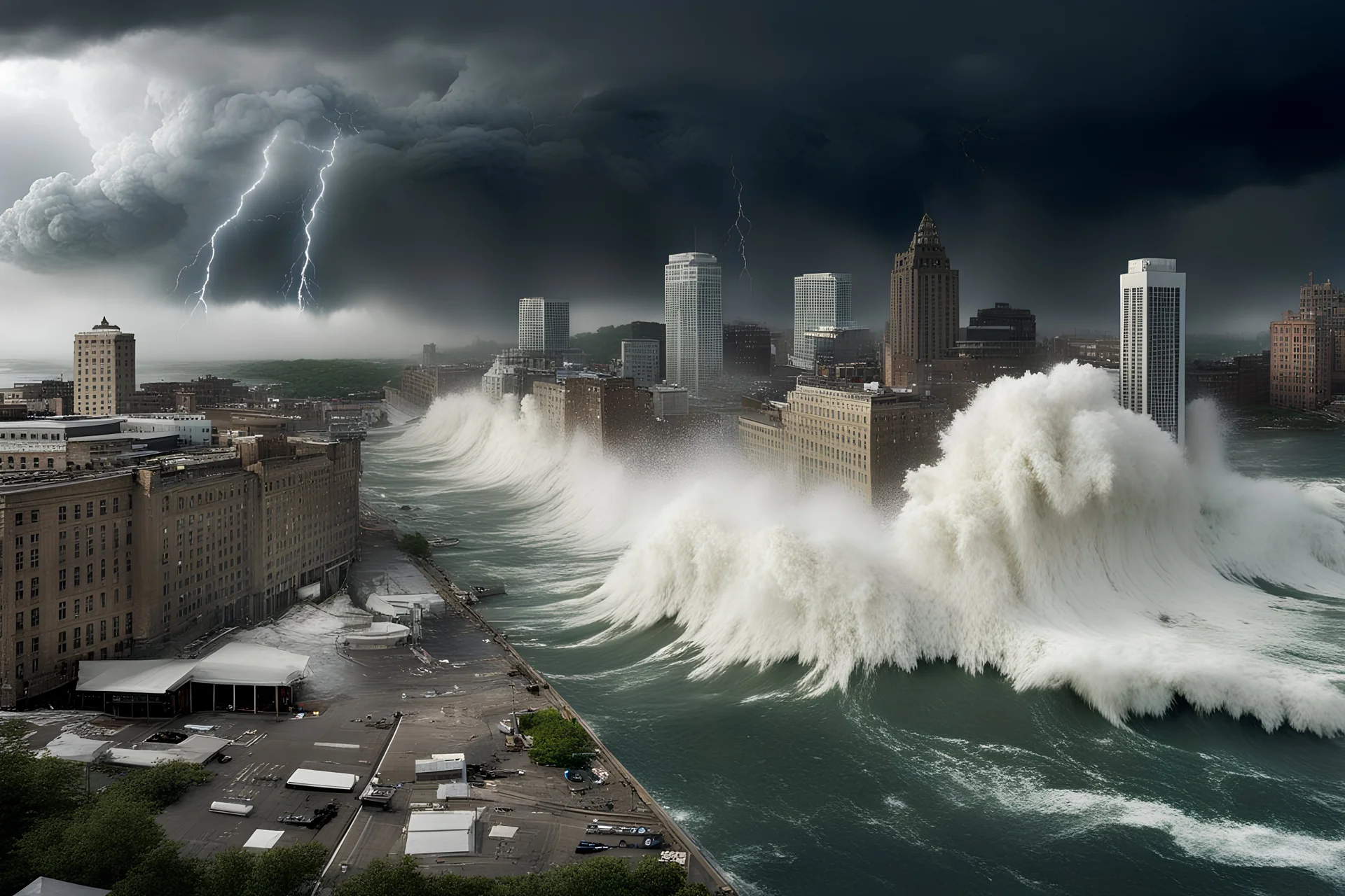 long wide shot of storm of the century, wall of sea water barreling into Boston, flooding, downpour, tornados, lightning, tidal wave, dramatic typhoon ocean water cresting storm walls, raging storm, modern disaster movie scene, by Michael Bay, by Stephen Wilkes, buildings falling apart, maximalism dystopia, major flood damage, wall of dark thunderheads, street flooding, driving rain