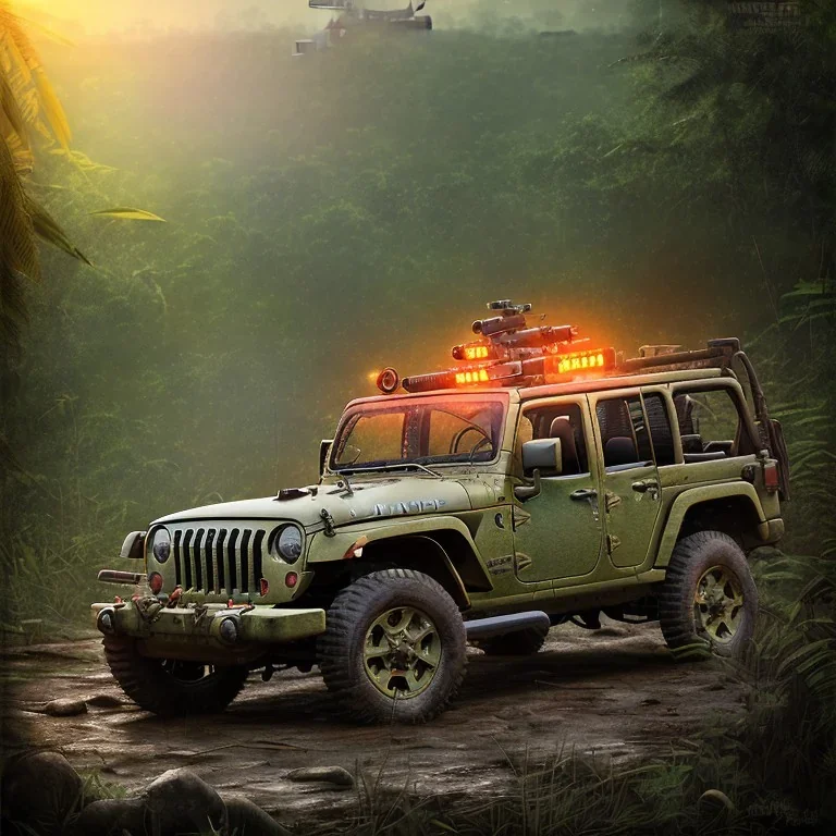 vietnam war. war report. jeep in jungle. poster. bokeh. lens flare. warm lights. high detailed