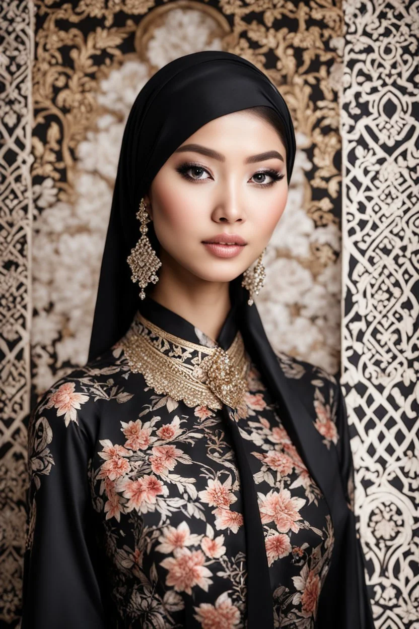 Gorgeous Realistic Photography Super model Asian as Beautiful hijab girl dressing Indonesia Batik pattern flowers gown luxury black and jewelry,luxury palace background, close-up portrait