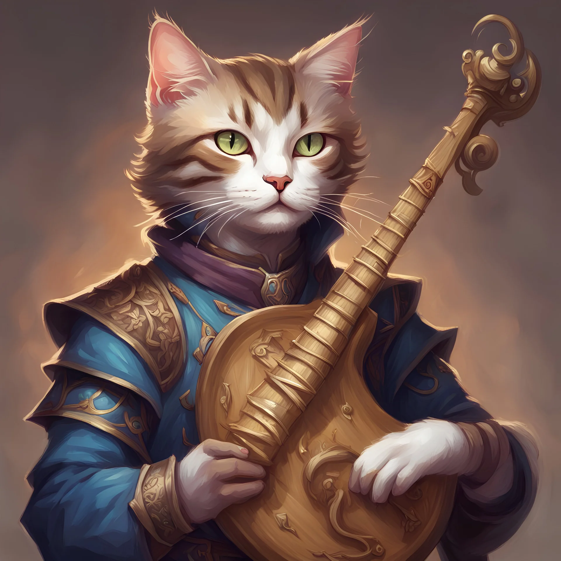 dnd, portrait of male cat-human bard with lyre