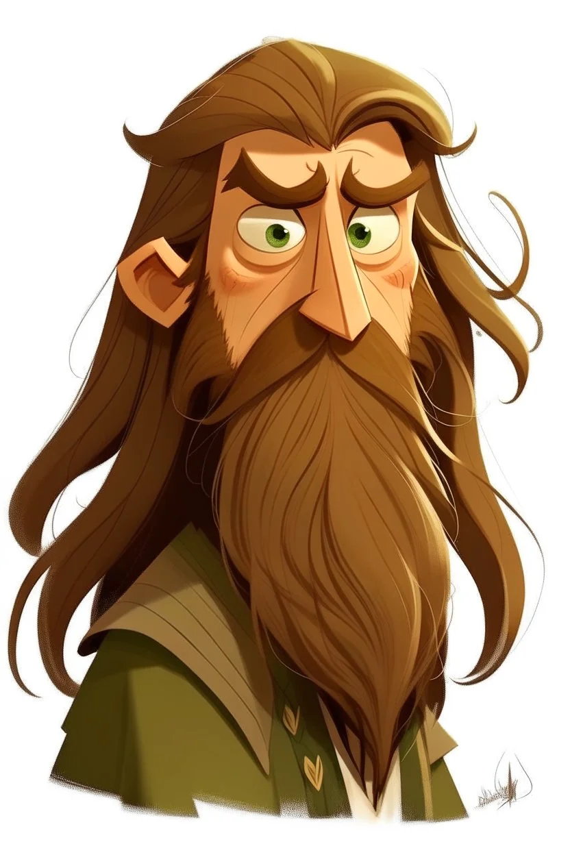 Gnom, braune lange wilde Haare, große, auffällig dicker Nase, grüne Augen, sehr jung (etwa zwanzig Jahre) , gebräunte Haut, ohne Bart, Mann