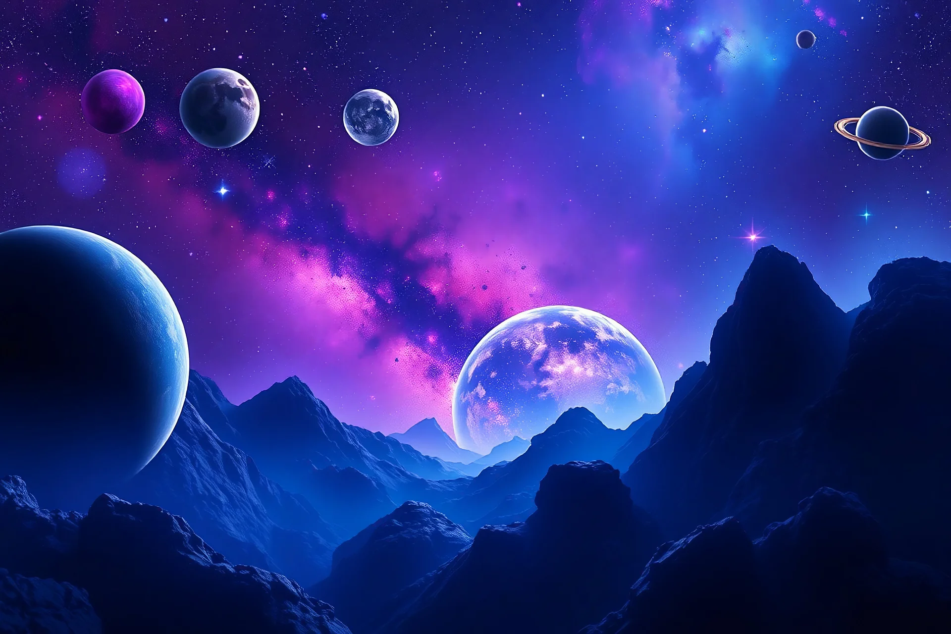 Turks in the galaxy, the theme of the world and planets, let the stars shine, let there be many planets. Let there be purple, blue, neon colors.