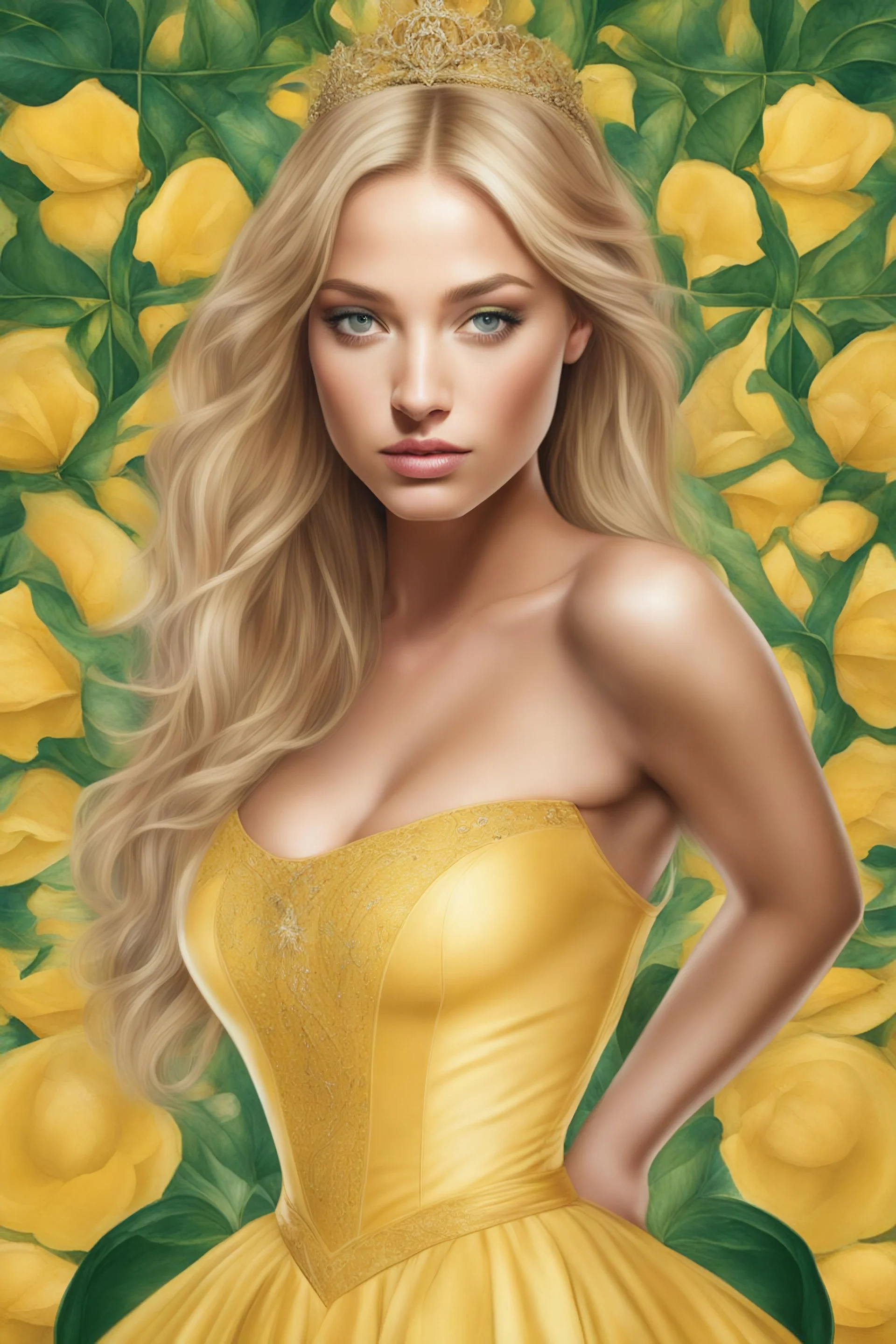 the Yellow Brick Road - head and shoulders portrait, Photorealistic, hyperrealism, Dazzling, Complex, dramatic, bold, attractive Cinderella, perfect, Athletic, toned body with tanned skin, perfectly formed body, Emerald City, extremely detailed, lipstick, eyeshadow, eyeliner, mascara, rouge