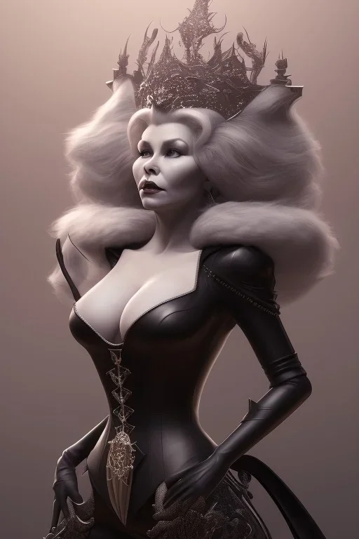 Mae West as evil queen in black leather, leather, busty, cleavage, angry, stern look. character design by cory loftis, fenghua zhong, ryohei hase, ismail inceoglu and ruan jia. unreal engine 5, artistic lighting, highly detailed, photorealistic, fantasy