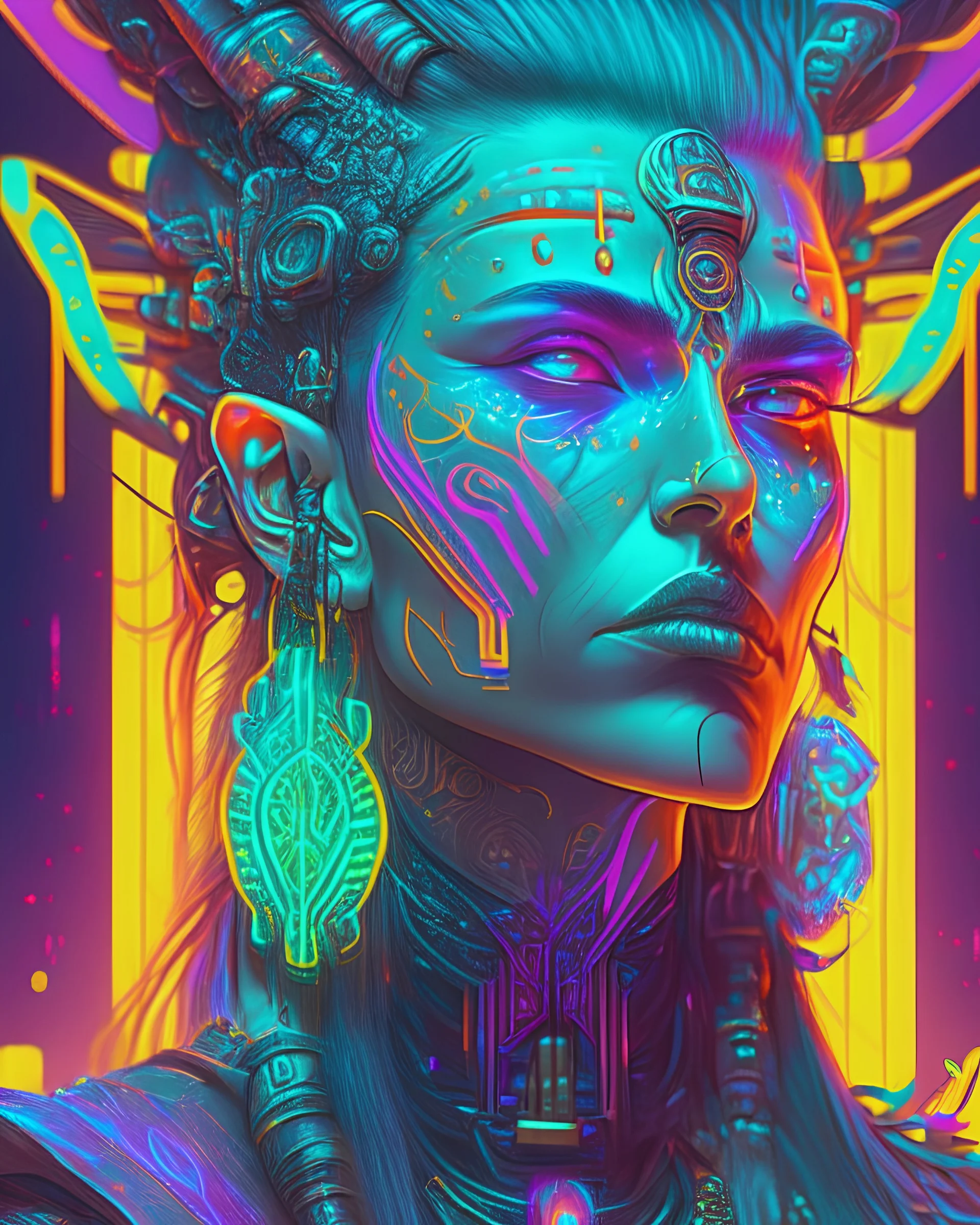 A captivating portrait of a futuristic shaman adorned with glowing tattoos and ethereal accessories, in the style of cyberpunk art, neon colors, intricate details, and expressive facial features, inspired by the works of Josan Gonzalez and Syd Mead, exploring the fusion of ancient spirituality and advanced technology.