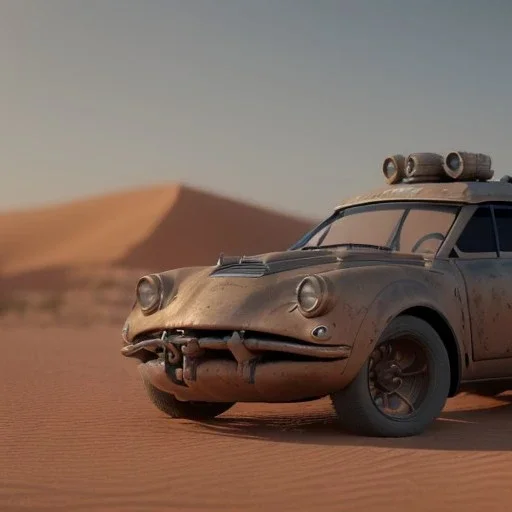 3d rendering. futuristic steampunk car. Buried in desert sand. Lost in Time