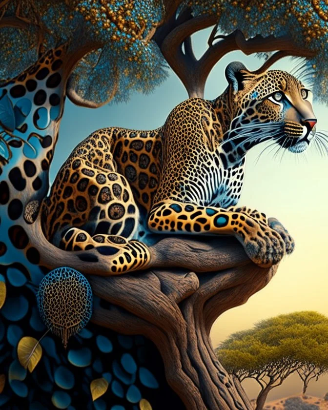 Leopardo coherente Arte subrrealista obra de arte 4k cuerpo completo árboles detallado impactante nitido