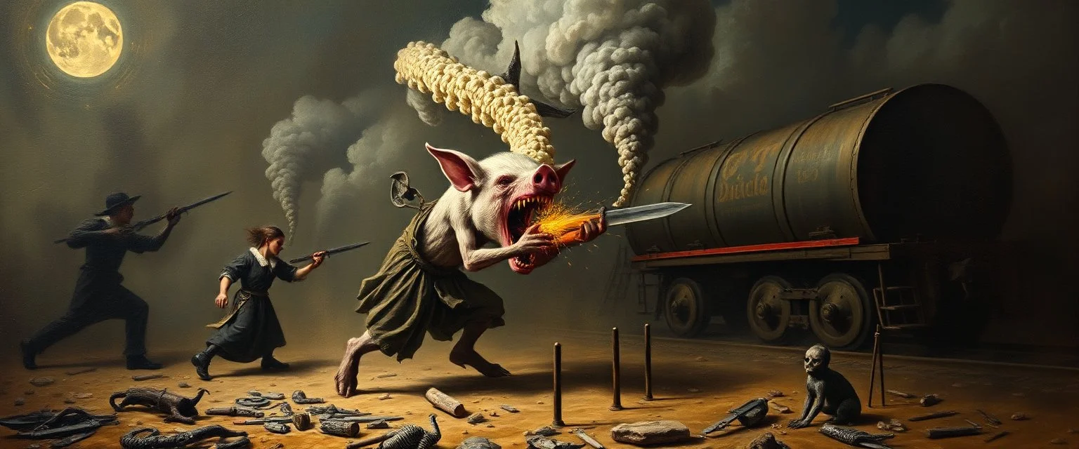 master oil painting by Rembrandt, good afternoon bitch The world is getting creepier faster than a greased pig in a knife fight in a phone both on a runaway train on ai steroids.