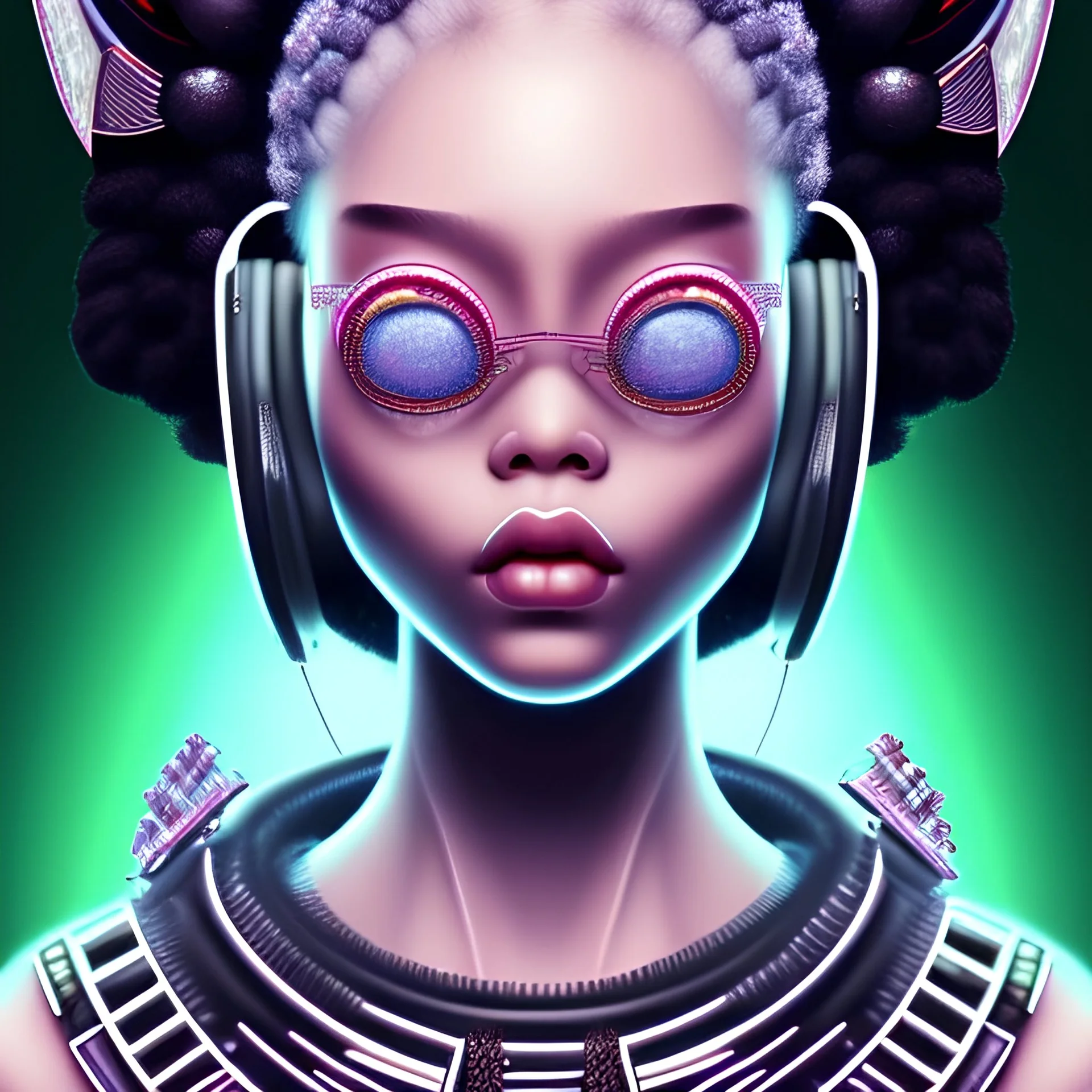 Tokyo Young girl. Afro. Pretty rounded face. Piercings. Headphones. Transparent glasses.Tattoo in face. Intense look. Glowing eyes. Make Up. Geisha mask. Photorealistic. Real light. Kiyoe. Japanese esthetic. Retrofuture. Hip hop. Black panther. Textile texture Detail. Bubble jacket irisdescent. Eyeliner. Guettoblaster. Real reflexion