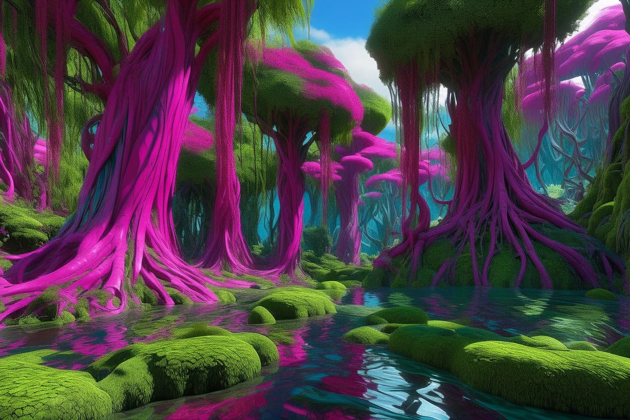 A magenta warped forest with a swamp designed in Maori sculptures painted by Claude Monet