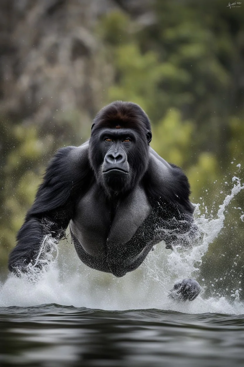 /imagine prompt: realistic, personality: [Capture a close-up shot of the Male Mountain Gorilla diving into the river, its body partially submerged in the water. Water splashes around it as it fights against the strong current, trying to change its course. The determination and strength on the cheetah's face are evident]unreal engine, hyper real --q 2 --v 5.2 --ar 16:9