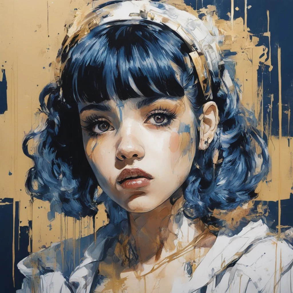 A portrait of a Singer Melanie Martinez face, cyberpunk, painting by Yoji Shinkawa, darkblue and gold tones,