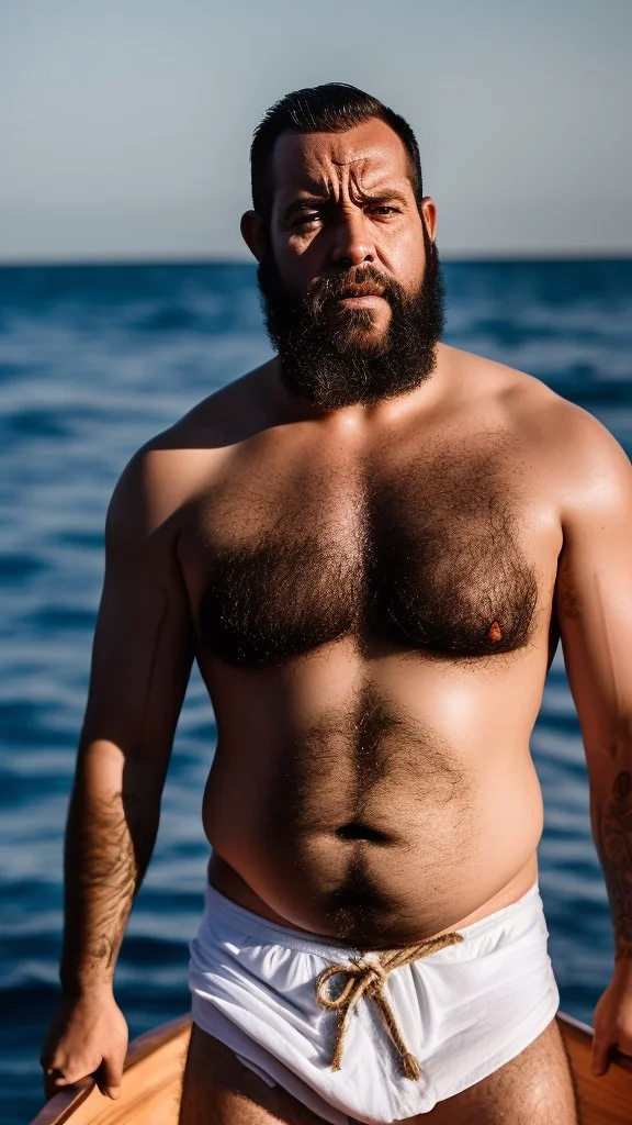 photography of a burly marocan fisherman sunbathing on a fisher wooden boat, in little french briefs, tattoo, manly chest, ugly, 34 years old, bullneck, white long beard, dreadlocks, muscular chubby, angry eyes, photorealistic, Canon EOS, 8k