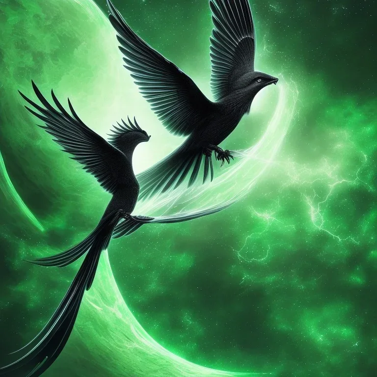 a detailed illustration of a black and green phoenix sitting on a branch of a tree, phoenix bird wallpaper, luminescent body, glinting wings, full body, symmetrical body, realistic, glowing wings, sharp focus, meticulously detailed, soft evening sky, 64k