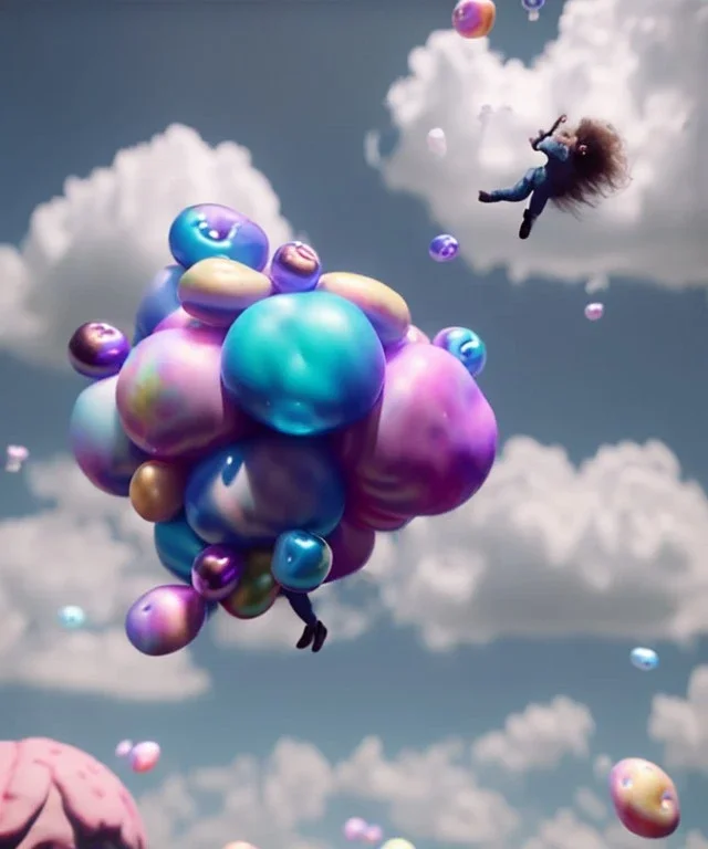 Ultra realistic clouds sky scene, wide angle, sweet childs falling down, inflatable color clothing, free jumping flying, many trinkets, monster hair, hair monster, many jelly beans, balls, smile, happy, circus style, extreme, wind, clouds sea, 20,000 feet altitude, stratosphere, soft color, highly detailed, unreal engine 5, ray tracing, RTX, lumen lighting, ultra detail, volumetric lighting, 3d, finely drawn, high definition, high resolution.