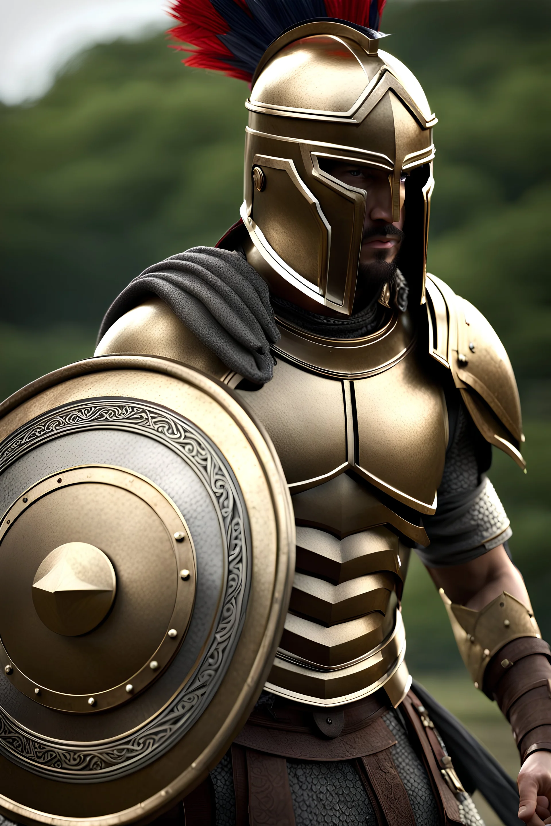 Male spartan warrior in a battle ground, facing camera, finely detailed helm, armor, spear and shield, intricate design and details, ultra detailed, highest detail quality, ultra realistic, photography lighting, overcast reflection mapping, photorealistic, cinemeatic, movie quality rendering, octane rendering, focused, 8k, depth of field, real shadow, vfx post production, rtx ray tracing lighting --ar 9:16