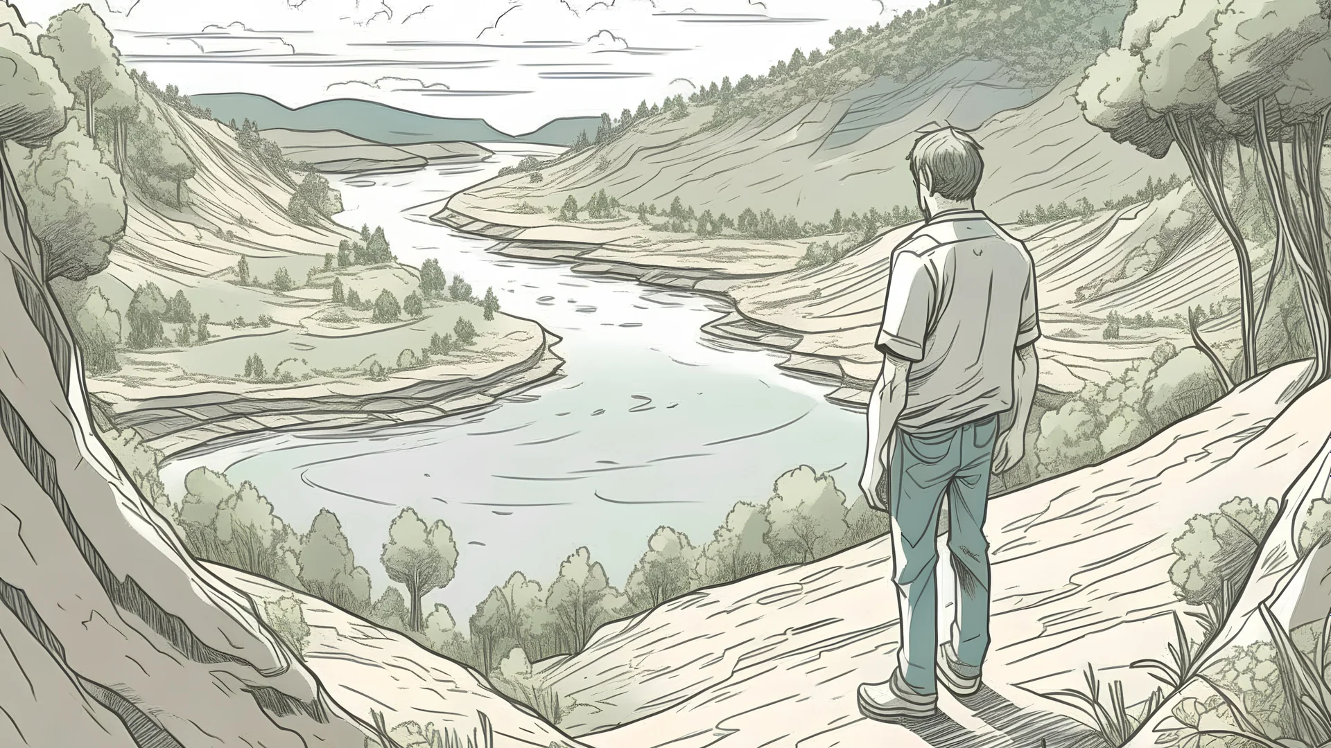 draw them the landscape around the man on the entire surface of the picture