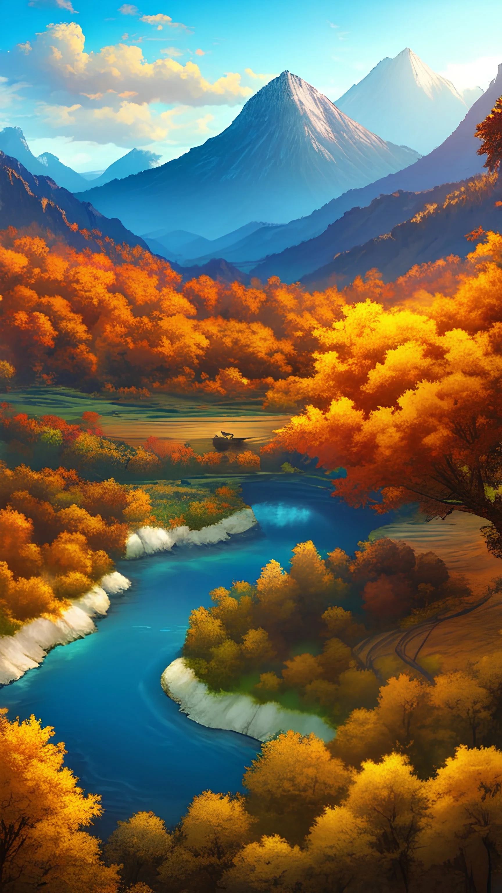 Sunrise over mountains, hills, trees, and river, in the autumn