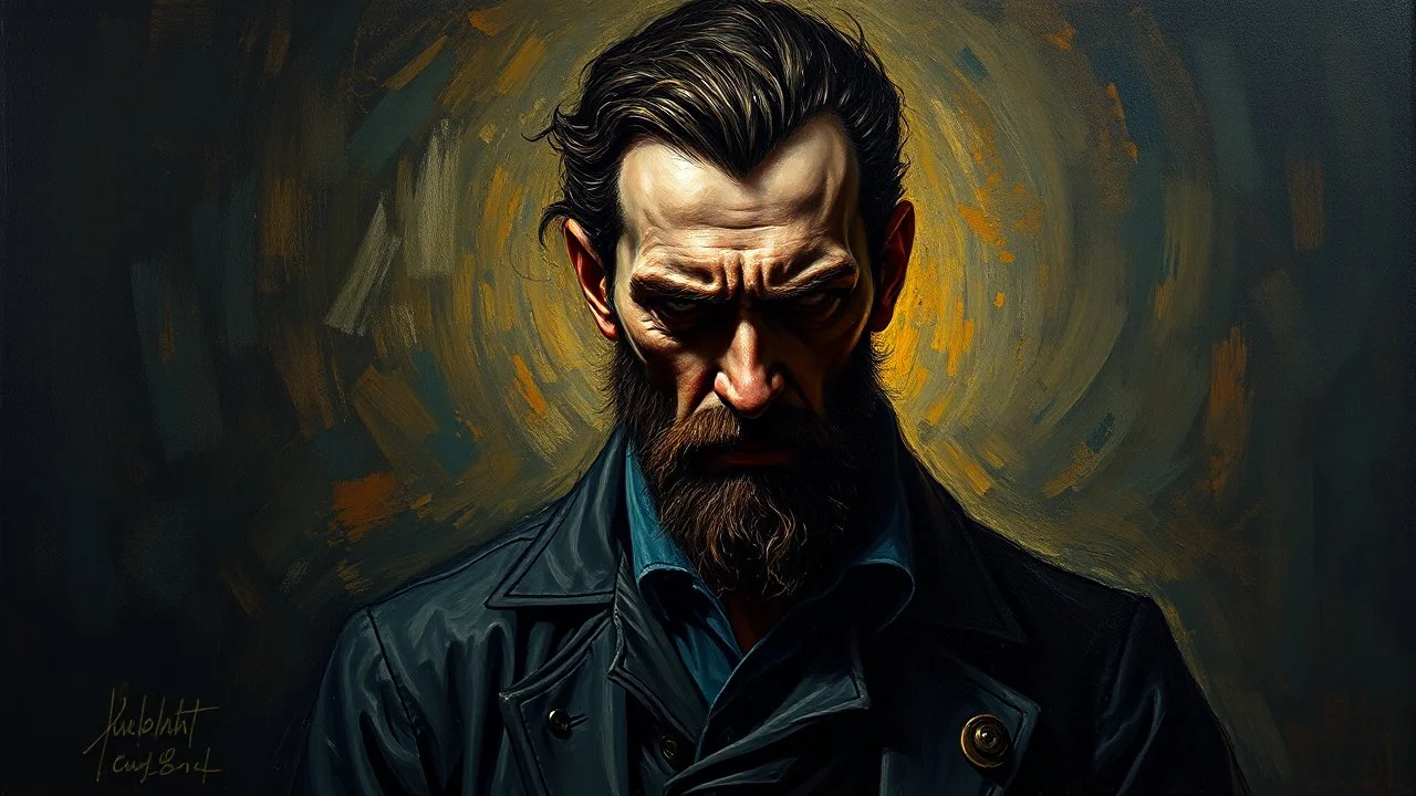 Oil painting of a dark and brooding figure, inspired by the works of Vincent Van Gogh and Rembrandt, intricate details in the clothing and background, dramatic lighting with deep shadows, intense colors to convey emotion, long shot perspective.