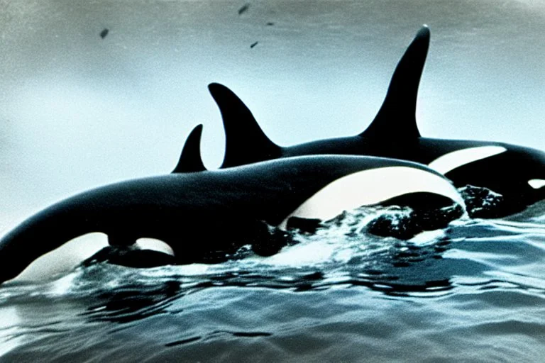 An orca army pod fighting in WW2, swimming up a stream to attack, orca insurgents, armored orcas