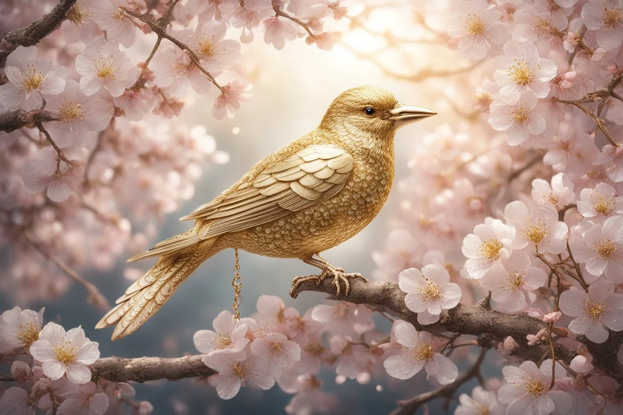 An image of a crystal bird covered in gold etching and diamonds, perched on a branch of cherry blossoms. The scene is illuminated by a soft, ethereal light, enhancing the intricate details and textures of the bird and the surroundings. The art style is detailed, realistic, and captures the magical essence of the scene, trending on ArtStation. The composition combines elements of classical elegance and modern fantasy, reminiscent of the masterful works elegant fantasy intricate high