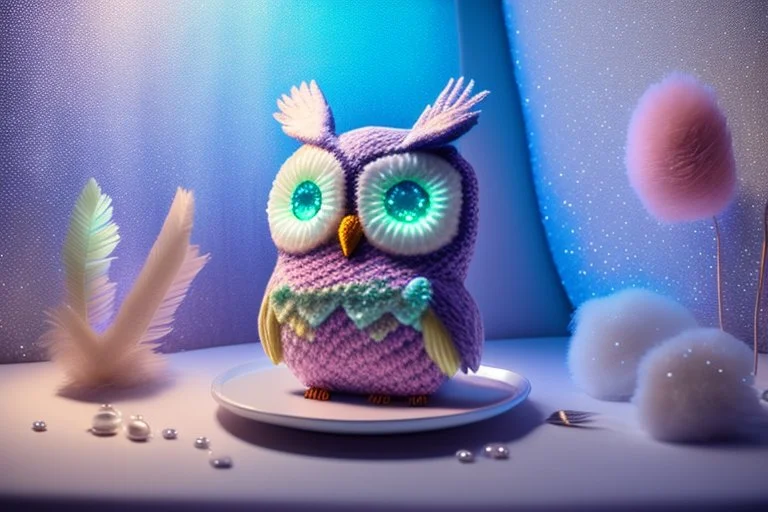 cute chibi plushy fluffy knitted and embroidered natural colored owl with cake in a kitchen, feathers, iridescent flowers incorporated, light emitting, bioluminescent holographic room, silver foil, sparkling diamonds, holographic raw pearls, ethereal, cinematic postprocessing