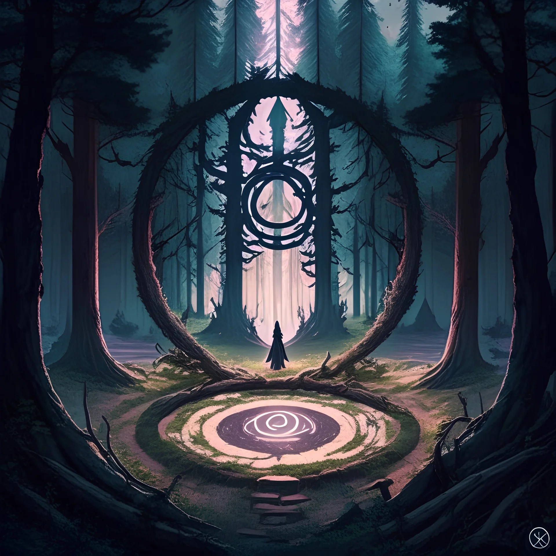 epic, anime style, high detail, no people, nobody, landscape a bright pagan magic ritual circle witchcraft in the middle of a forest