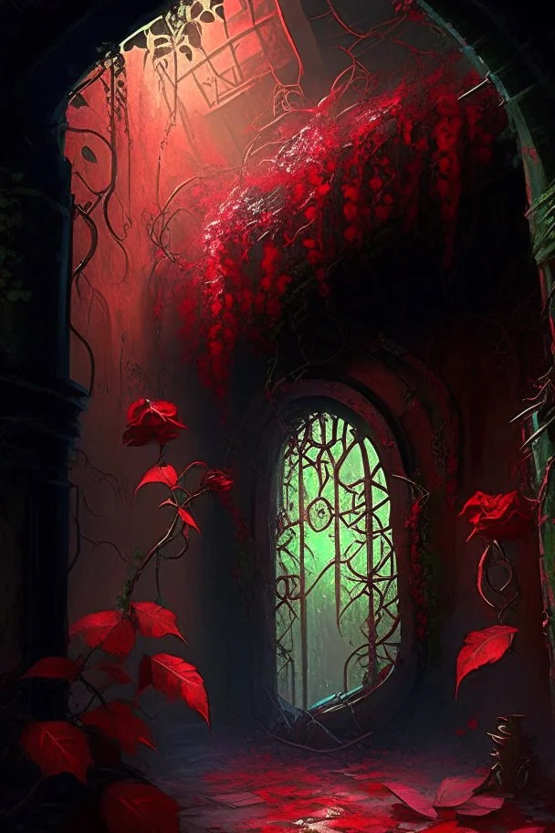 Abandoned Azetc steampunk dungeon room in overrun with vines and red flowers painterly fantasy rpg art